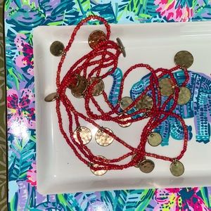 Pink Beaded Necklace with Gold Circles- 27in